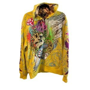 Vintage Y2K Ed Hardy Christian Audigier Yellow Zip Up Hoodie Skull Chain Rose L